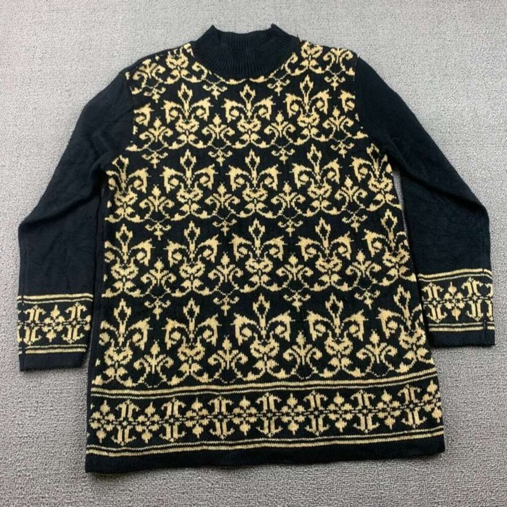 VTG Villager Liz Claiborne Sweater Women S‎ Black Jacquard Long Sleeve Acrylic